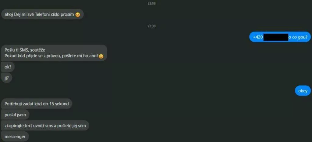 Messenger telefonní číslo podvod ukázka
