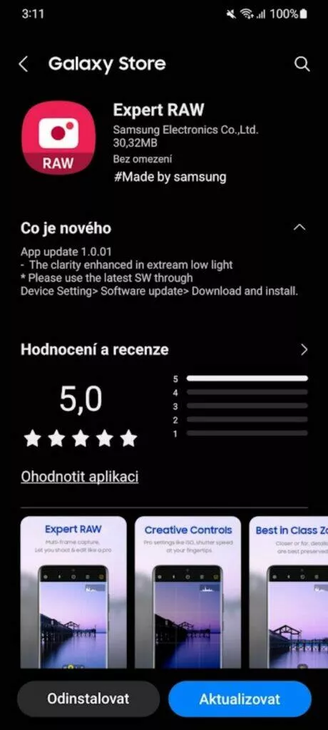 Expert RAW aktualizace 1.0.01.1 info Galaxy Store