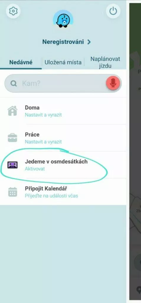 Waze Retro Mode nabídka