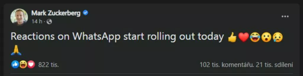 WhatsApp reakce na zprávy oznámení spuštění Zuckerberg