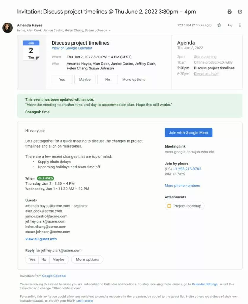 Gmail Google Kalendář události pozvánky redesign ukázka