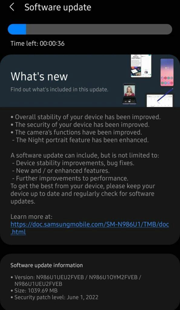Samsung Galaxy Note20 update aktualizace noční portrét changelog