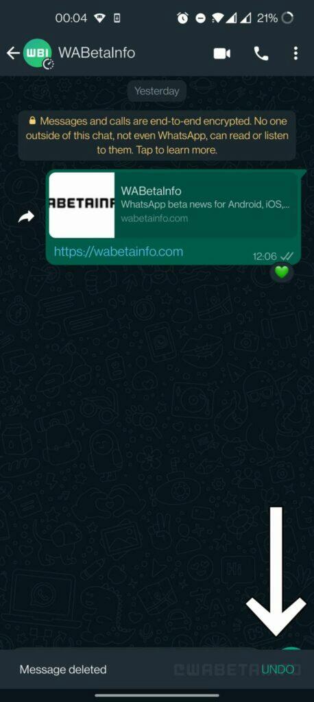 WhatsApp Android mazání zprávy undo vrácení zpět screen