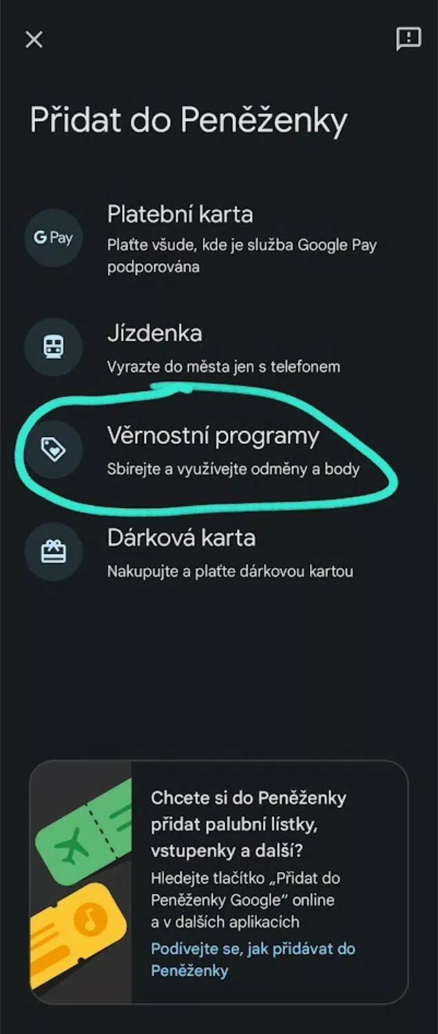 Jak pridat do penezenky karty?