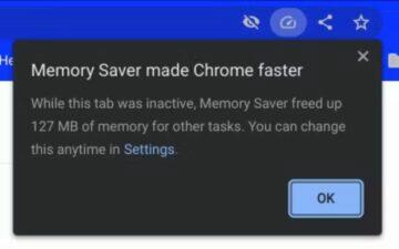 Google Chrome Canary Memory saver spořič operační paměti informační bublina
