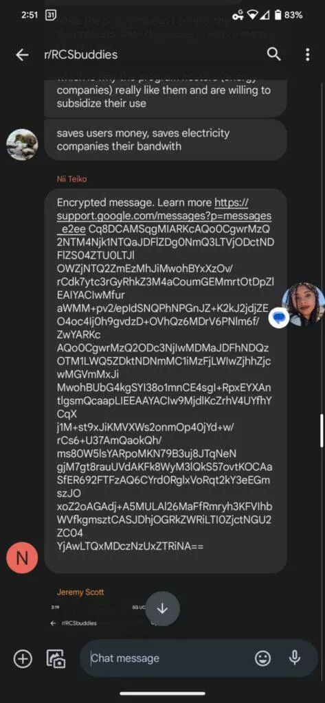 Google Zprávy chatování skupiny koncové šifrování E2E ukázka Google Zprávy chatování skupiny koncové šifrování E2E ukázka