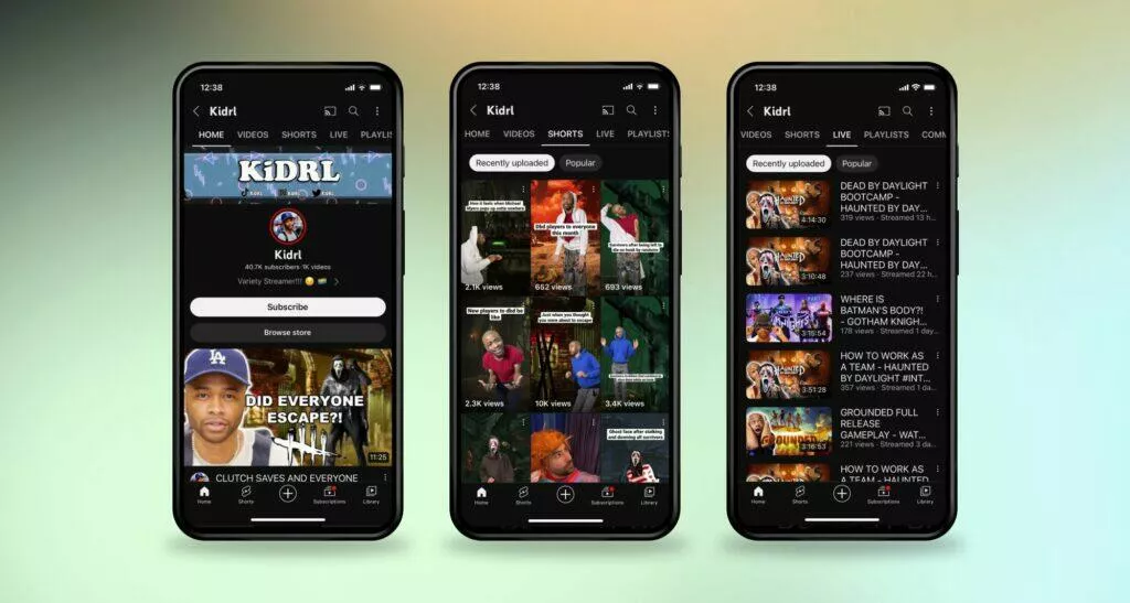 YouTube aplikace Shorts Live videa nové menu filtry Home YouTube aplikace Shorts Live videa nové menu filtry Home