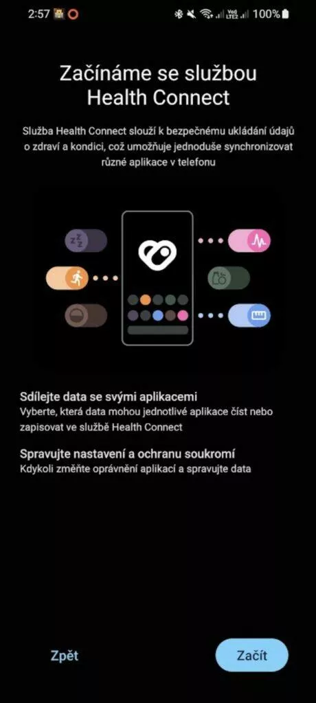 aplikace Health Connect beta 1 úvodní stránka