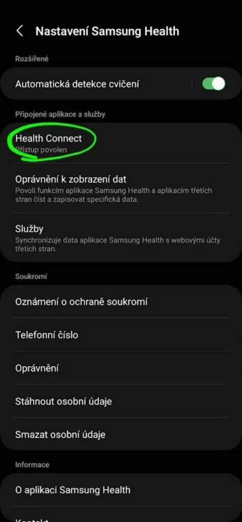 aplikace Health Connect beta 5 Samsung Health