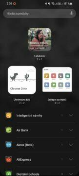 Google Chrome Dino hra Android widget nabídka