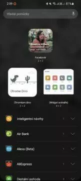 Google Chrome Dino hra Android widget nabídka