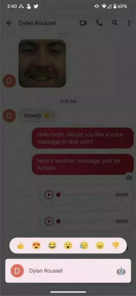 Google Zprávy Emojie reakce nabídka chat