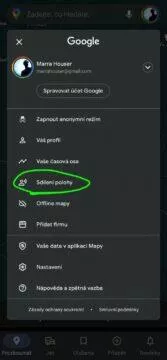 Mapy Google sdílení polohy oznámení zapnutí sdílení 2 menu