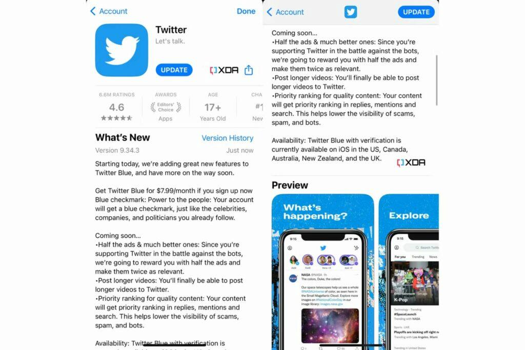 Twitter Blue předplatné oznámení iOS