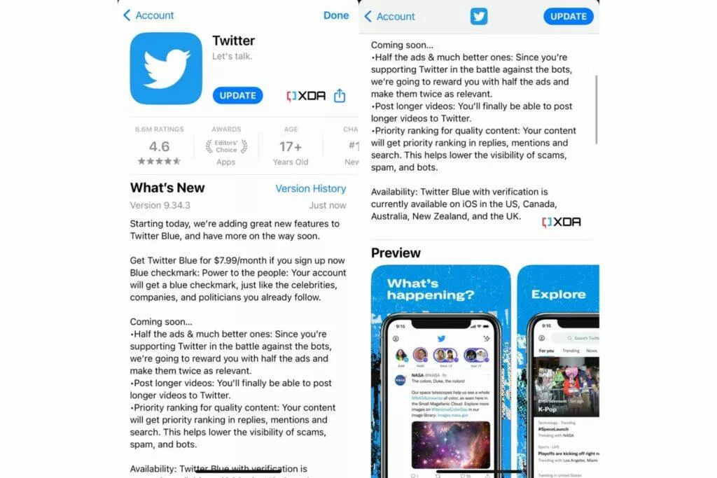 Twitter Blue předplatné oznámení iOS