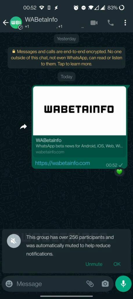WhatsApp notifikace upozornění tlumení velké skupiny ukázka