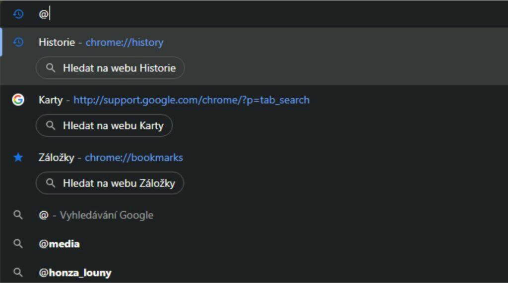 Google Chrome zkratky vyhledávání historie karty záložky ukázka