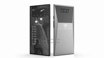 Tesla CyberPhone mobil telefon koncept displej záda šedá