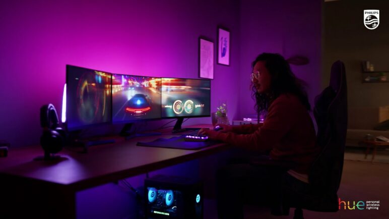 Use the Play gradient lightstrip for PC to get a reactive, colorful light for your PC gaming setup!