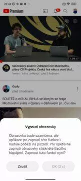 vypnutí obrazovky při sledování youtube videa