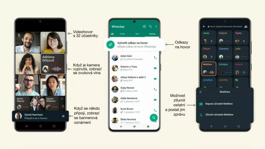 WhatsApp hovory videohovory novinky 2022 přehled