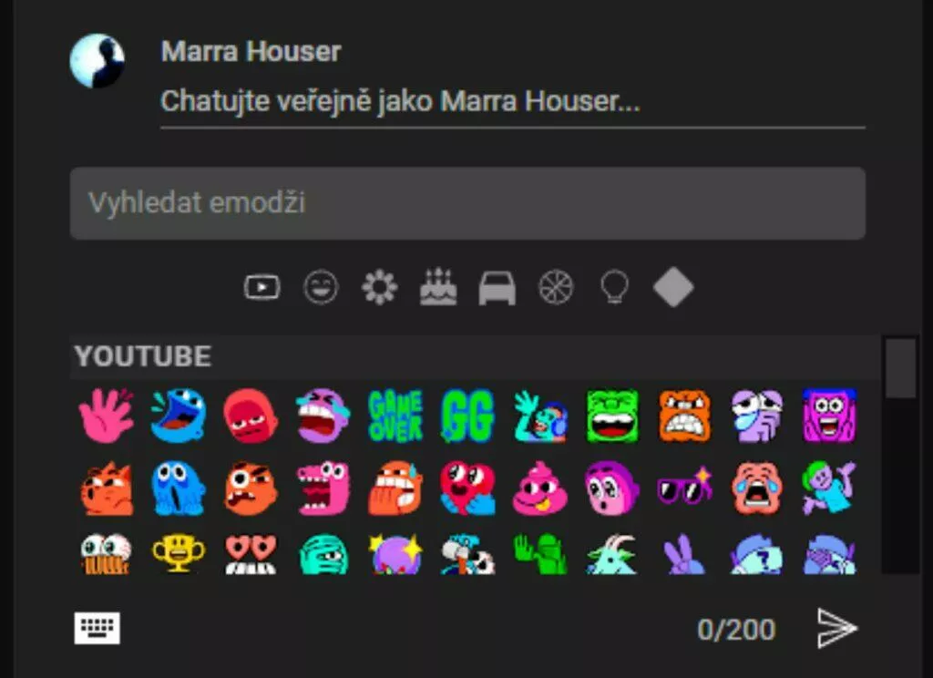 YouTube Live gaming emotikony ukázka