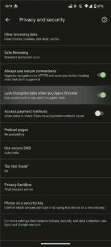 Android Google Chrome anonymní karty zámek nastavení