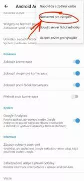 bezdrátové Android Auto přepínání vypnutí zapnutí tlačítko nastavení pro vývojáře