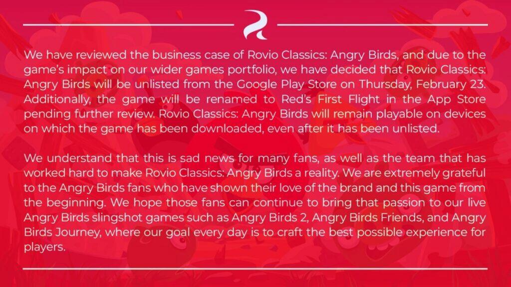 Angry Birds Google Play konec odstranění oznámení