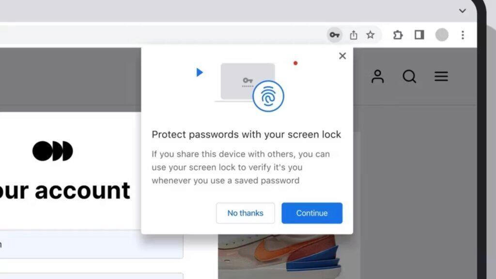 Google Chrome desktop PC biometrické přihlášení ověřování náhled