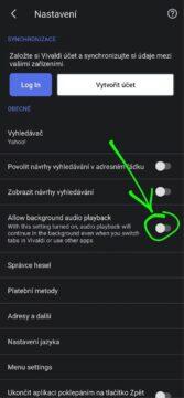 Vivaldi 5.7 Android audio přehrávání na pozadí YouTube přepínač