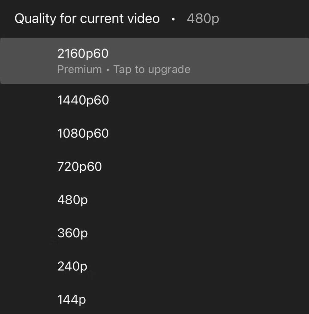 YouTube Premium kvalitnější videa tap to upgrade 2160p60