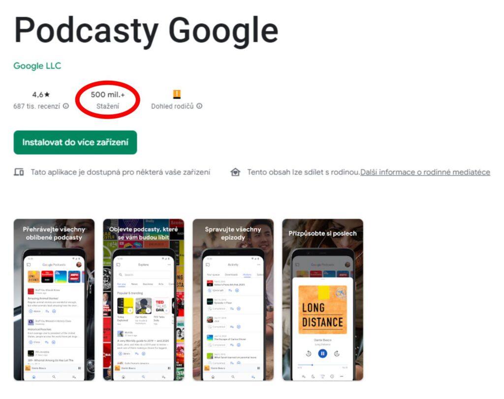 aplikace Podcasty Google 500 milionů stažení Google Play screen