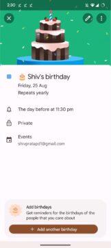 Kalendář Google upozornění narozeniny detail