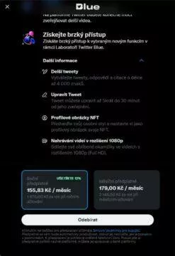 Twitter Blue ČR ceny výhody přehled editace delší tweety