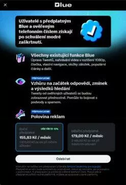 Twitter Blue ČR ceny výhody přehled předplatné