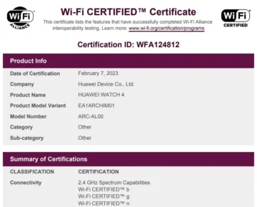 wi-fi certifikace huawei watch 4