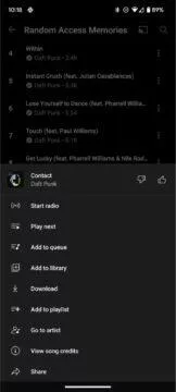 YouTube Music credits autoři menu