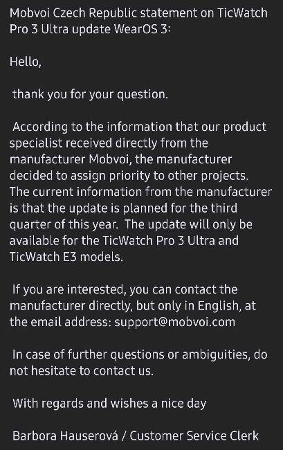 Mobvoi TicWatch Wear OS 3 update prohlášení Pro 3 Ultra E3