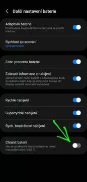 Samsung životnost baterie chránit baterii návod funkce nastavení 4 přepínač