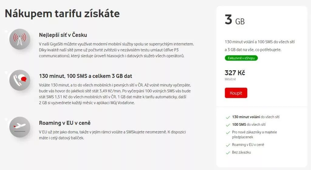 Vodafone limitovaný tarif Start 3GB 130 minut 100 SMS