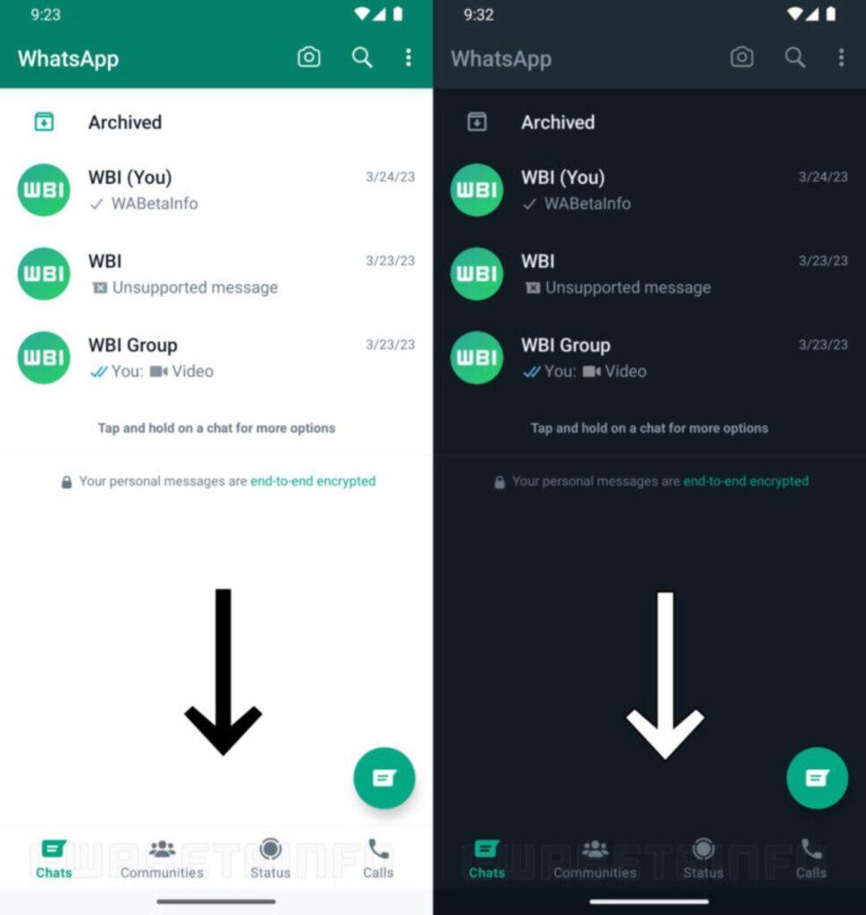 WhatsApp Android spodní menu beta test ukázka