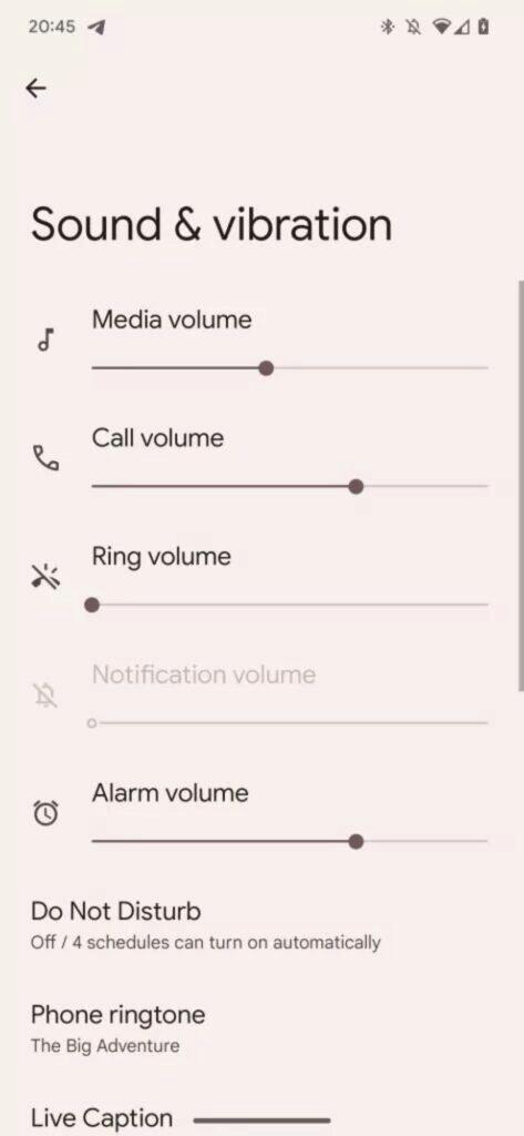 Android pokročilé ovládání hlasitosti hovory notifikace náhled posuvníky