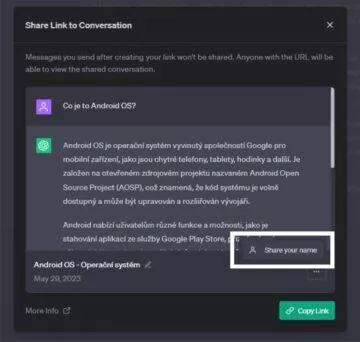 ChatGPT konverzace odkaz URL sdílení jméno