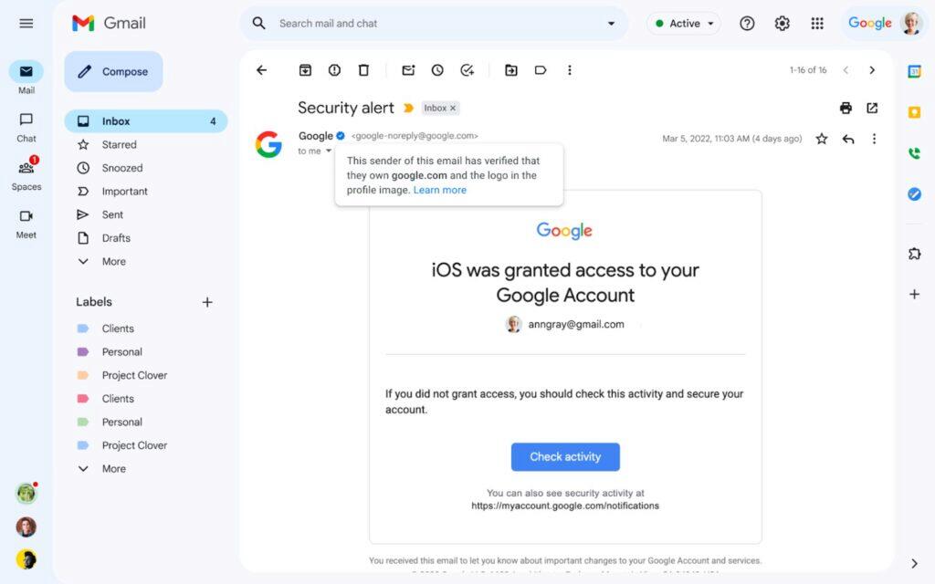 Gmail ověření fajfka BIMI ukázka