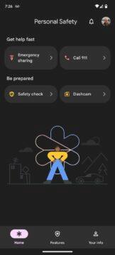 Google Android mobil telefon palubní kamera Personal Safety hlavní karta