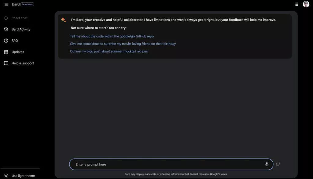 Google Bard AI ČR návod VPN náhled tmavý režim Google Bard AI ČR návod VPN náhled tmavý režim
