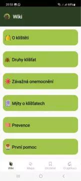 Klíšťapka aplikace klíšťata mapa ukázka menu