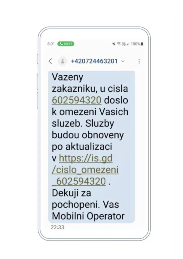 O2 podvodná SMS zpráva ukázka