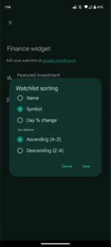 Google aplikace widget finance watchlist akcie kryptoměny sorting řazení